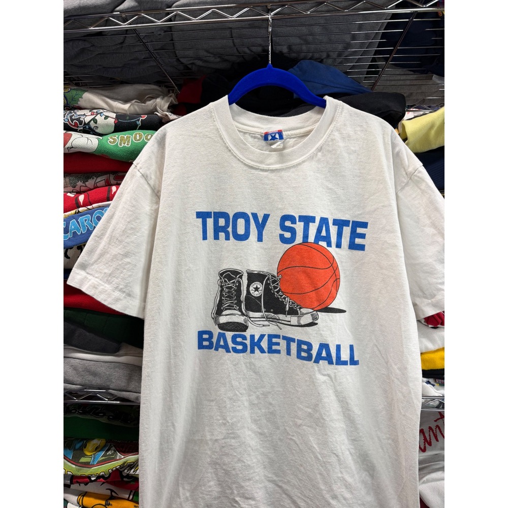 Vintage Converse Troy State Basketball T Shirt Mens L White CONS Single Stitch